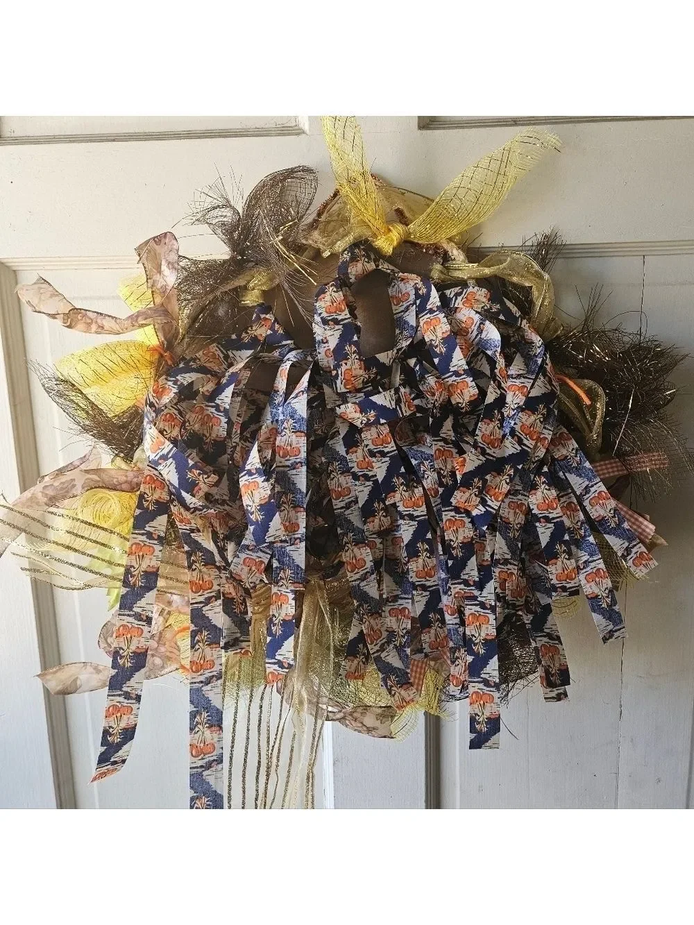 Hand Crafted handmade holiday wreath Harvest Blessings Gnome fabric plaid ribbon